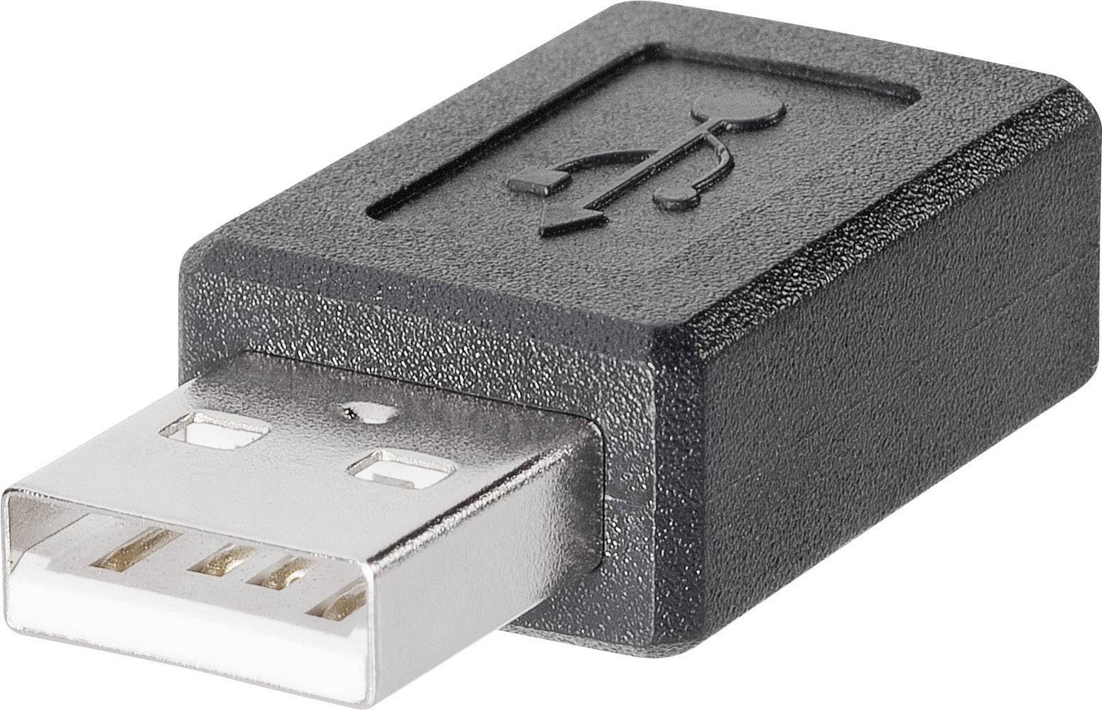 USB bezpečnostný adaptér, malý a čierny, s USB symbolom, slúži na ochranu pred stratou dát prostredníctvom USB zariadení.