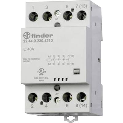 Biely elektrický stykač s viacerými pripojovacími svorkami a nápisom 'Finder 22.44.0.230.4310'. Vhodný pre 40A, 230V AC.