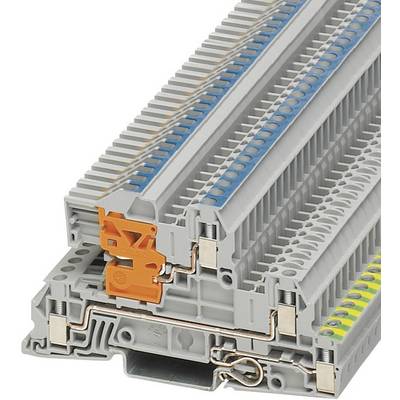 Viacposchodový svorkovnicový blok s rôznymi úrovňami a farbami určený na prepájanie elektronických obvodov, zobrazený z profilu.