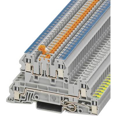 Šedo-oranžová radová svorka s modrými a žltými označeniami, vhodná na montáž na nosnej lište v elektrických rozvádzačoch.