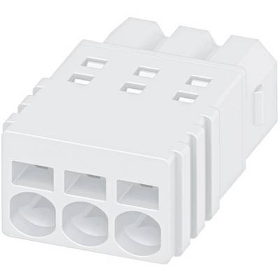 Trojpólový biely elektrický konektor pre elektrické zariadenia, so štvorcovými a okrúhlymi otvormi.