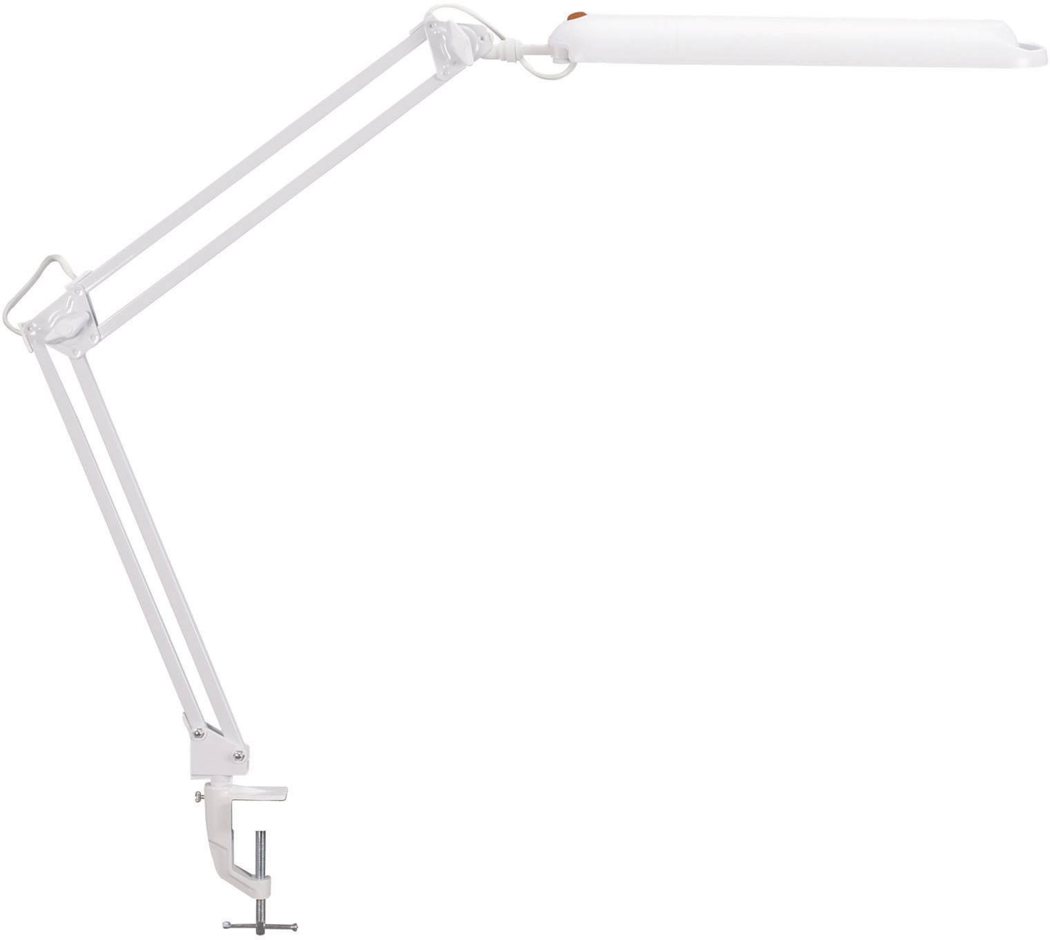 Biela stolová lampa s nastaviteľným ramenom a svorkovým podstavcom, vhodná pre osvetlenie pracovného priestoru.