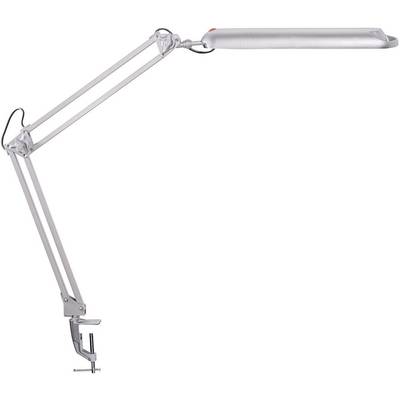 Strieborná stolná lampa s nastaviteľným ramenom a svorkou na upevnenie na stôl.