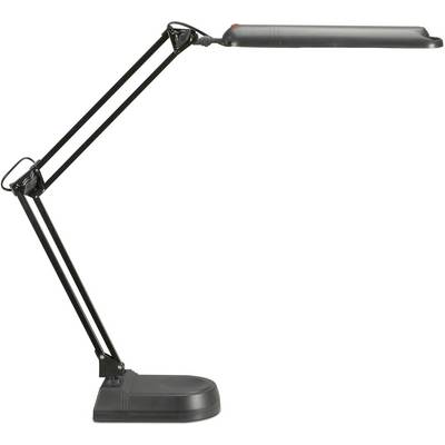Čierna nastaviteľná stolná lampa s dlhým ramenom a plochým svetelným prvkom, ideálna pre presné osvetlenie na pracovisku.