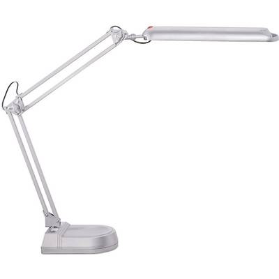 Strieborná stolová lampa s nastaviteľným ramenom a plochým, obdĺžnikovým tienidlom, stojaca na plochej podstavci.