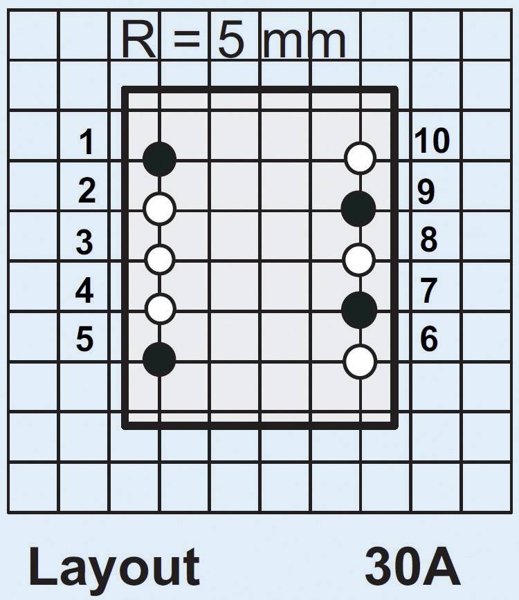 Schéma zapojenia 'Layout 30A' zobrazuje mriežku s 5-mm priestorovými jednotkami a body v dvoch stĺpcoch, číslovanými od 1 do 10 na strane.