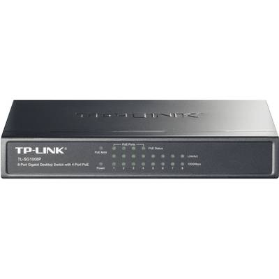 Čierny TP-Link 8-portový gigabitový stolový switch s PoE. Predná strana zobrazuje stavové LED diódy pre porty 1-8 a stavové indikátory PoE.