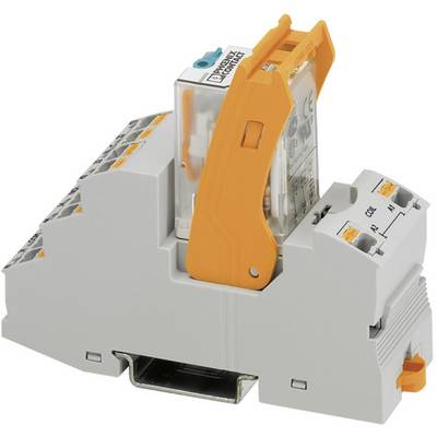 Elektrické relé s oranžovou svorkou, upevnené na sivej DIN lište.