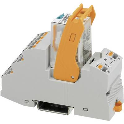 Relé s oranžovým držiakom, namontované na DIN lište. Vhodné pre priemyselnú riadiacu techniku.