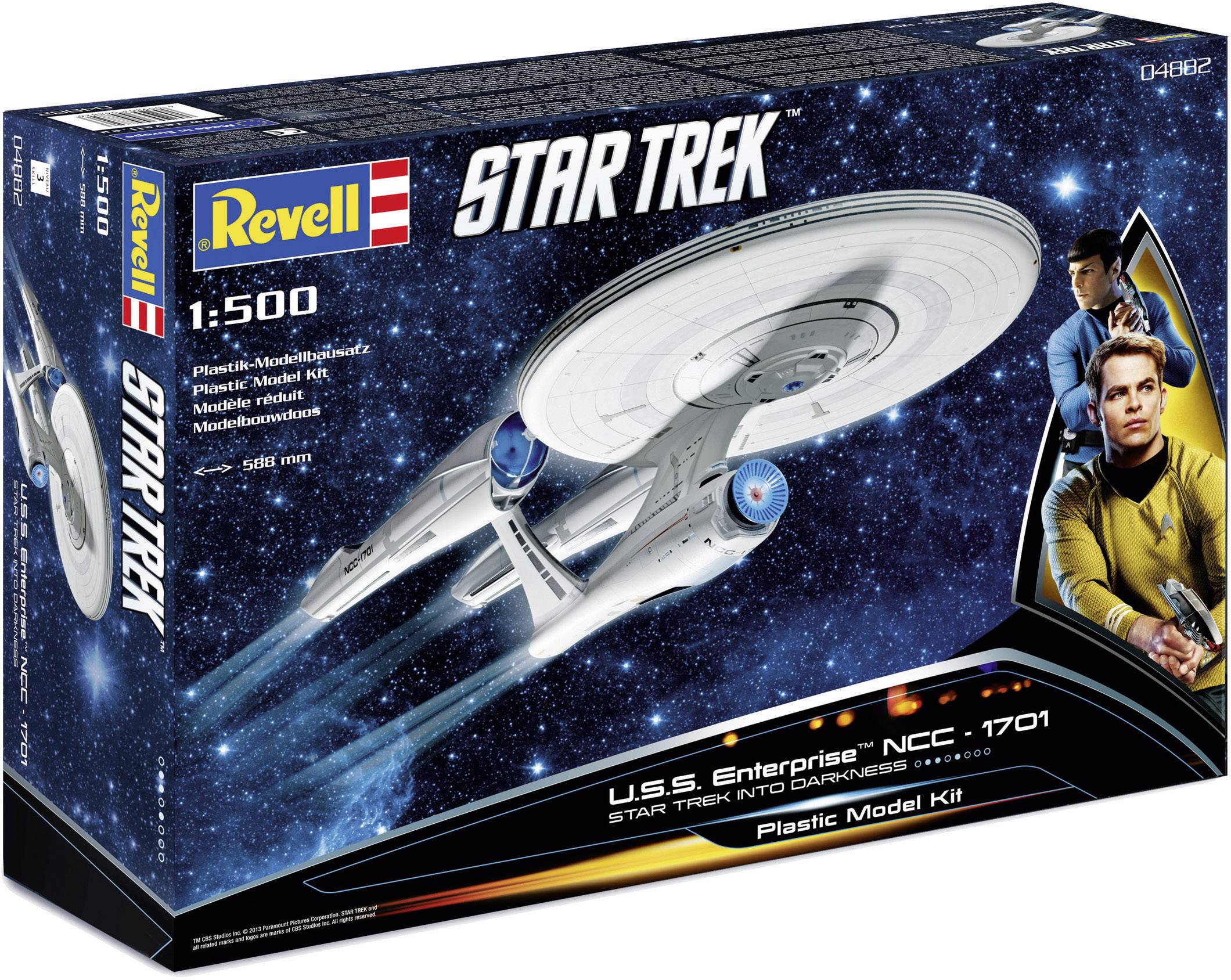 Stavebnica 'U.S.S. Enterprise NCC-1701' zo Star Treku, mierka 1:500. Balenie s obrázkom vesmírnej lode vo vesmíre.
