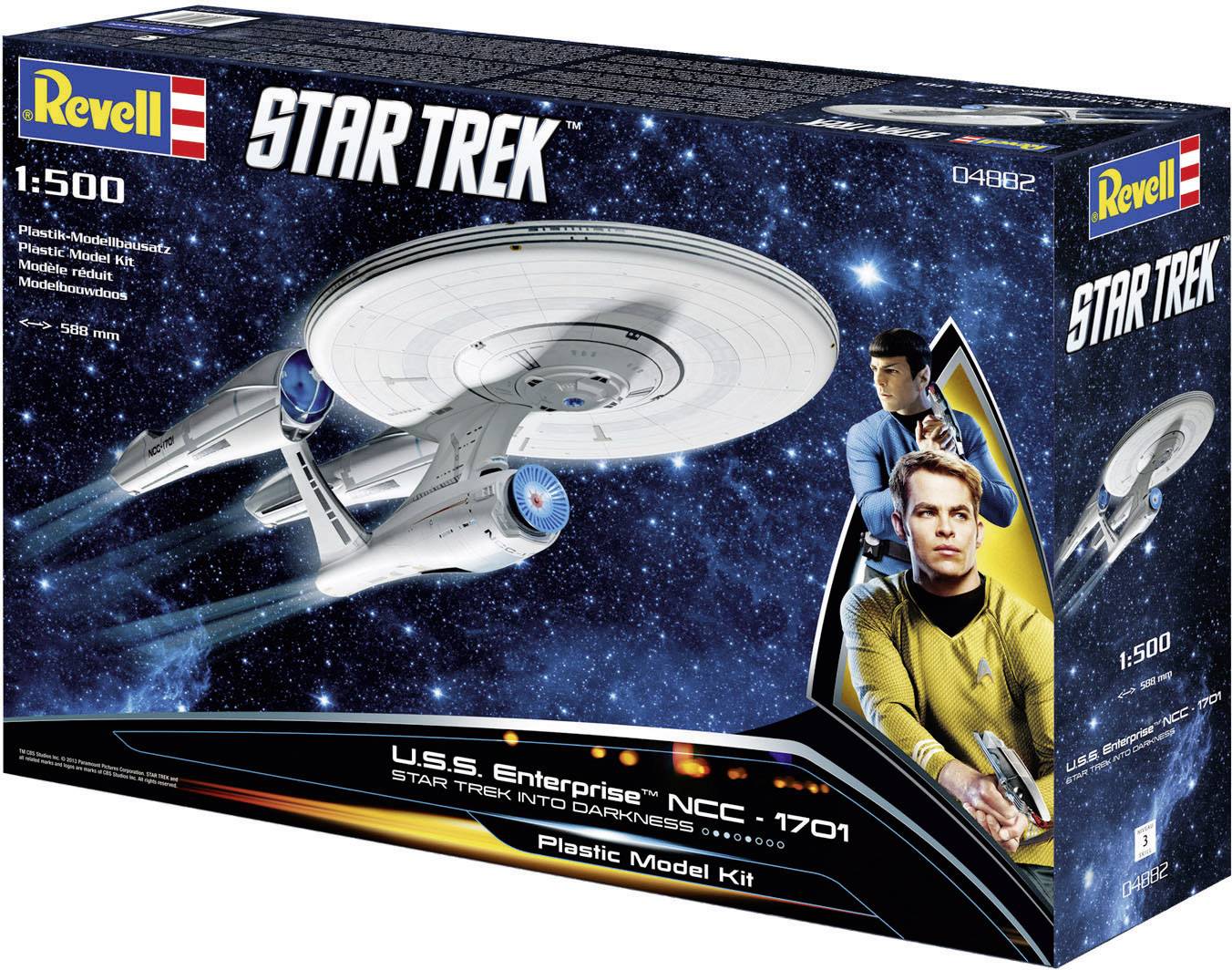 Model vesmírnej lode 'Star Trek' od Revell, v mierke 1:500, zobrazuje USS Enterprise. Obrázok obsahuje vesmírnu scénu a charakteristiky z filmu.