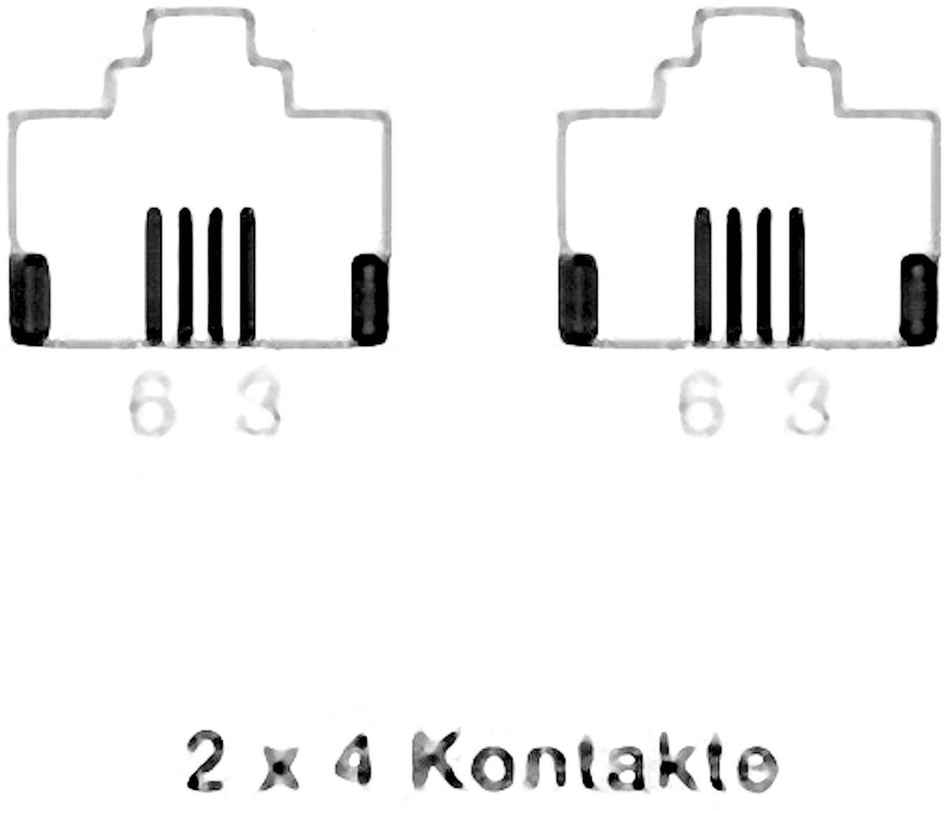 "2 x 4 kontakty" zobrazuje dva RJ11 konektory, každý s jednotlivými štyrmi čiernymi kontaktmi a číslami "6 3" pod nimi.