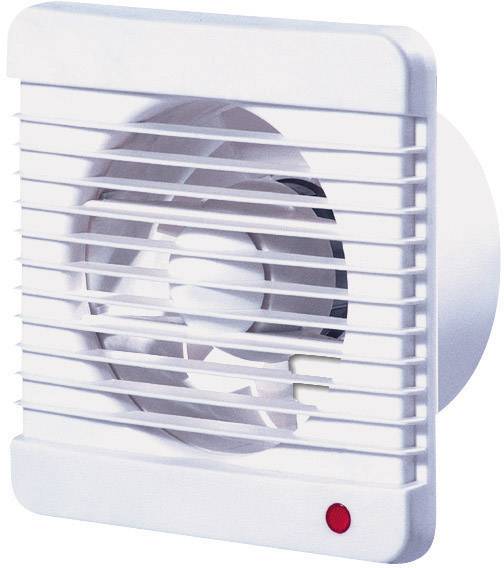 Biely, štvorcový ventilátor s vetracími otvormi a červeným indikátorom zapnutia. Určený na montáž na stenu. Vhodný na vetranie malých priestorov.