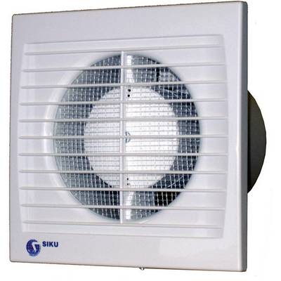 Biela štvorcová vetracia mriežka s mriežkou a centrálnym axiálnym ventilátorom, určená pre obytné priestory alebo priestory na vetranie.