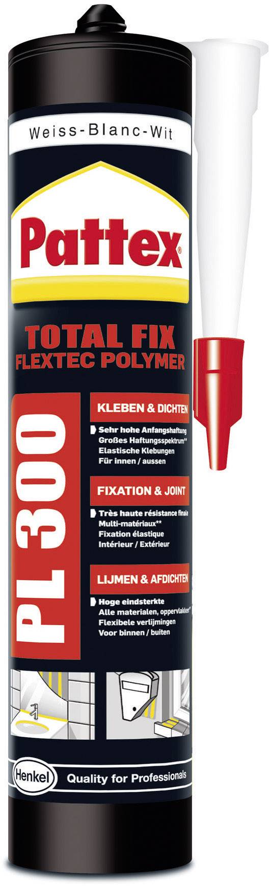 Kartuša s montážnym lepidlom 'Pattex Total Fix PL 300' na spoje a lepenie. Obsahuje trysku. Vhodná pre rôzne povrchy.