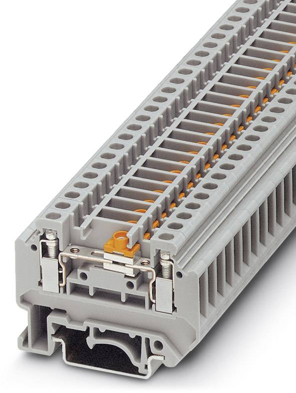 Šedá radová svorkovnica s oranžovými akcentmi, vhodná pre elektrické pripojenia v rozvádzačoch alebo distribučných systémoch.