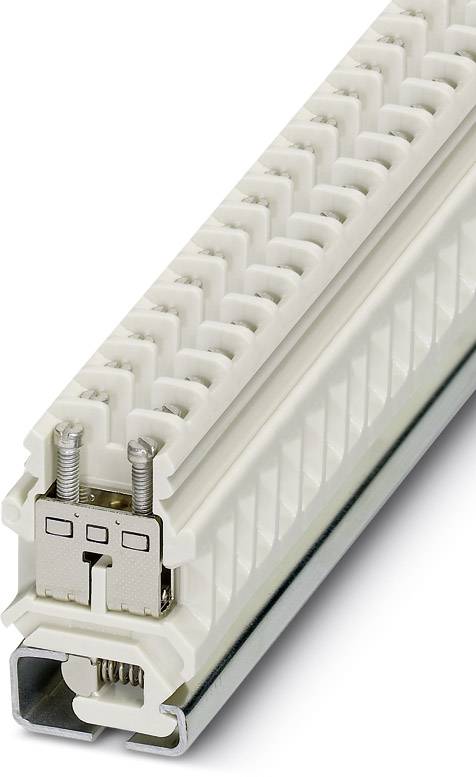 Elektrický pripojovací blok s bielym plastovým krytom a kovovým montážnym päťom zbernice, vhodný pre priemyselné aplikácie.