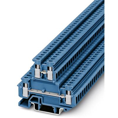 Modrý radový svorkovnicový blok s viacerými úrovňami a skrutkovými pripojeniami na zapojenie v elektrických rozvádzačoch.