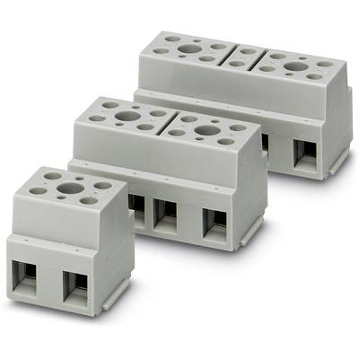 Tri sivé elektrické svorky rôznych veľkostí, usporiadané vedľa seba, každá s niekoľkými pripojovacími otvormi hore.