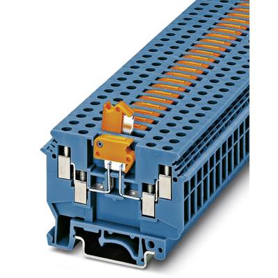 Modrý radový svorkovnicový blok s oranžovými svorkami a kovovými kontaktmi, používaný na elektrické prepojenie v rozvádzačoch.