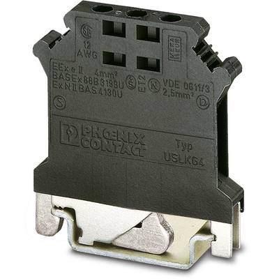 Produktová fotografia čierneho elektrického konektora, typ USLKG4 od spoločnosti Phoenix Contact, s technickými detailmi a schvaľovacími označeniami.