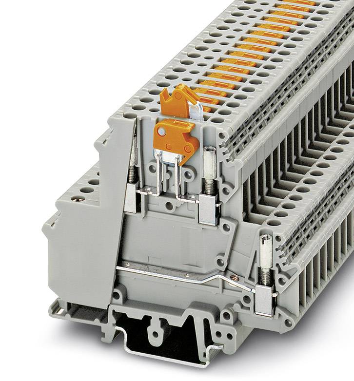 Sivá svorkovnica s oranžovou pákou pre elektrickú inštaláciu; zobrazuje detailný pohľad na montáž a zapojenie elektrických pripojení.
