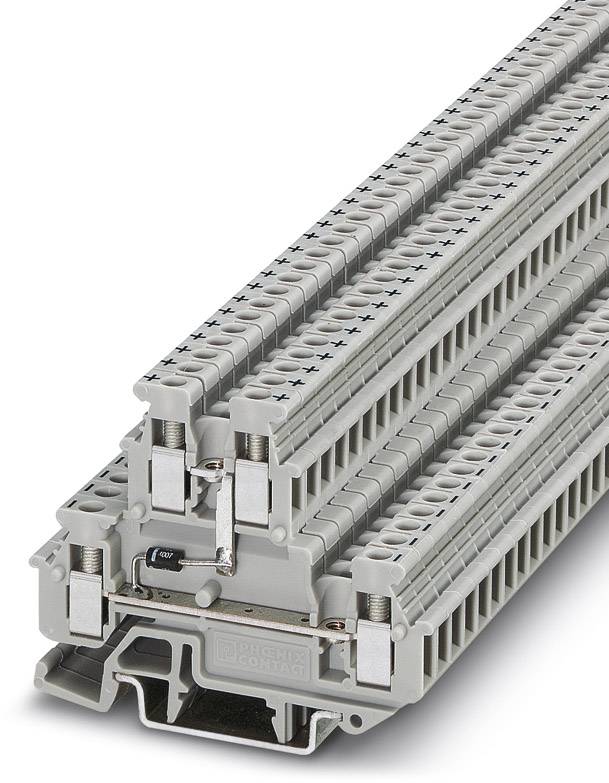 Sivá modulárna radová svorka s viacerými úrovňami pripojenia pre elektronické rozvádzače. Zobrazuje produktový dizajn a štruktúru.