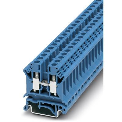 Modrý elektrický radový svorkovnicový blok s viacerými prípojkami a skrutkovými pripojeniami, vhodný pre priemyselné aplikácie.