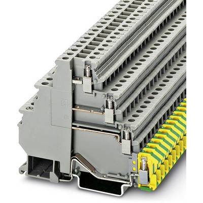 Sivé radové svorky so žlto-zelenou uzemňovacou svorkou, navrstvenou jedna na druhej, určené na elektrické prepojenie a uzemnenie v rozvádzačoch.