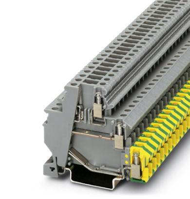Svorkovnica z plastu so žltými a zelenými pripojovacími bodmi, určená na elektrické prepojenie a zabezpečenie v rozvádzačoch.