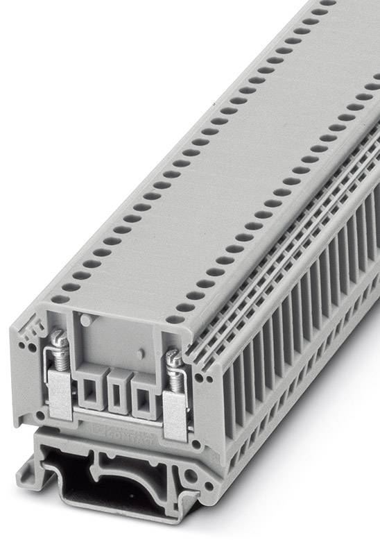 Sivý rozvodný elektrický blok so svorkami s viacerými pripojovacími miestami a vertikálnymi vetracími štrbinami. Vhodný pre elektrické inštalačné systémy.