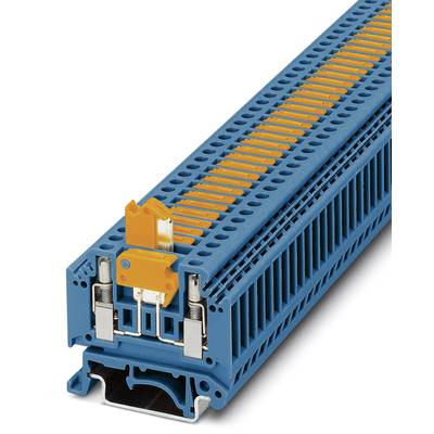 Modrý radový svorkovnicový blok s oranžovými detailmi, ktorý sa používa pre elektrické prepojenia v rozvádzačových aplikáciách.