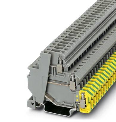 Šedo-žltý elektrický pripojovací modul, obdĺžnikového tvaru, určený pre priemyselnú montáž na lištu.