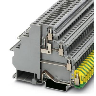 Viacposchodová radová svorka v sivej farbe so žltými a zelenými prvkami, používaná na prepojenie elektrických vodičov.