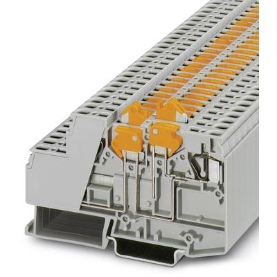 Sivo-oranžová radová svorka ukazuje vnútornú štruktúru. Elektrické pripojenia a mechanizmus ťahovej pružiny sú viditeľné, vhodné pre montáž na DIN lištu.