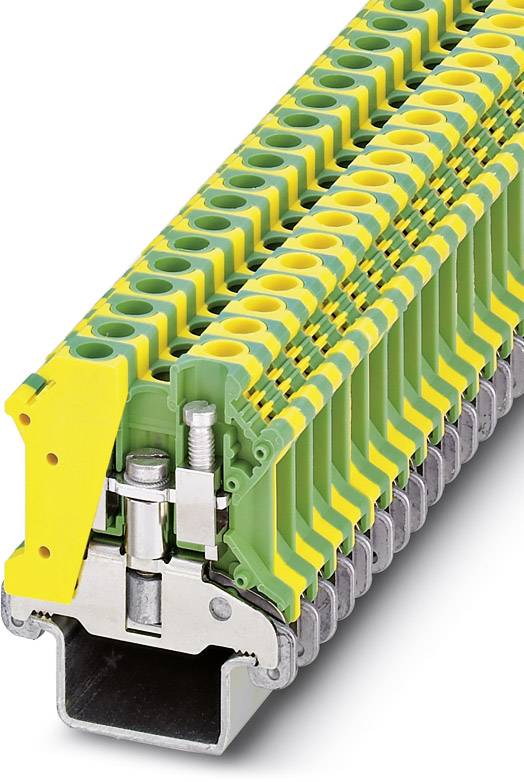 Rad zeleno-žltých svoriek na montážnej doske, ktorý znázorňuje priemyselnú elektrickú spojovaciu techniku.