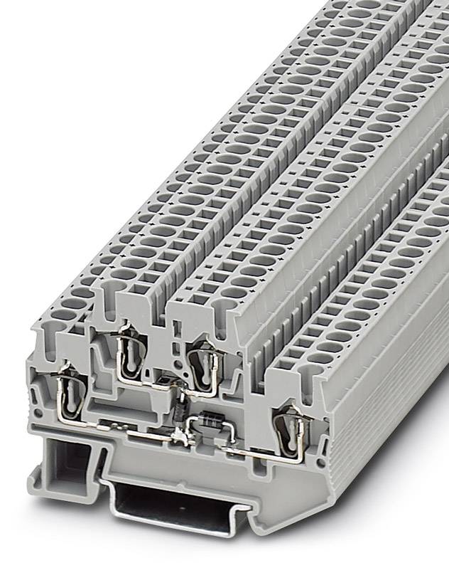 Šedý viacposchodový svorkovnicový modul s rôznymi možnosťami pripojenia, bežne používaný na zapojenie elektrických obvodov v rozvádzačoch.