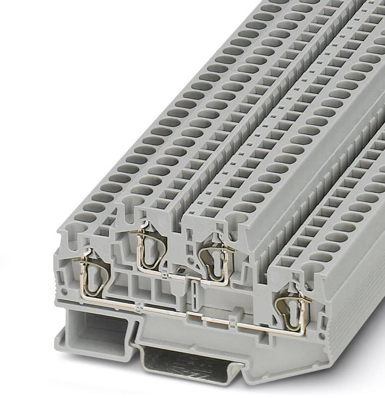 Sivé elektrické radové svorky používané na pripájanie a rozvádzanie káblov v elektrických rozvádzačoch.