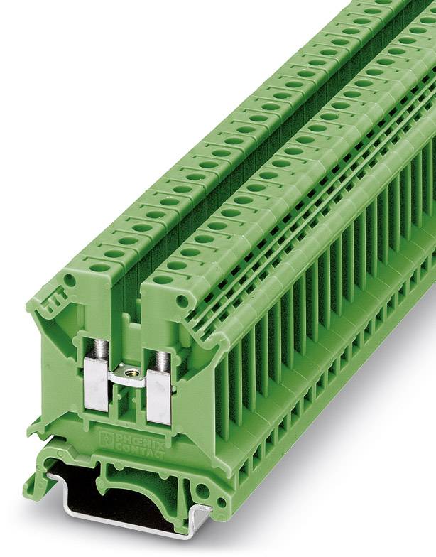 Zelený svorkovnicový blok z plastu s viacerými pripojovacími miestami určený na montáž na DIN lištu, používaný v elektrických rozvodoch.