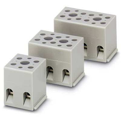 Tri sivé elektrické svorkovnice rôznych veľkostí, usporiadané vertikálne. Slúžia na pripojenie káblov.