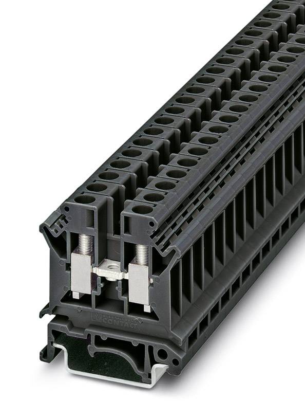 Čierny svorkovnicový blok s viacerými pripojovaciemi miestami, typický pre použitie v elektrických rozvádzačoch.