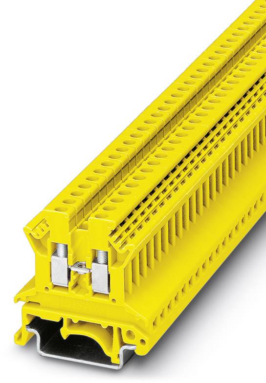 Žltý radový svorkovnicový blok, ktorý sa používa na elektrické prepojenie káblov v rozvádzačoch, zobrazuje svoje pripojenia.