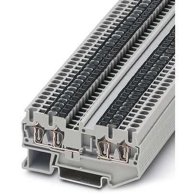 Sivá radová svorka s medenými kontaktmi, znázornená vertikálne, zobrazuje niekoľko pripojovacích miest pre elektrické vodiče.