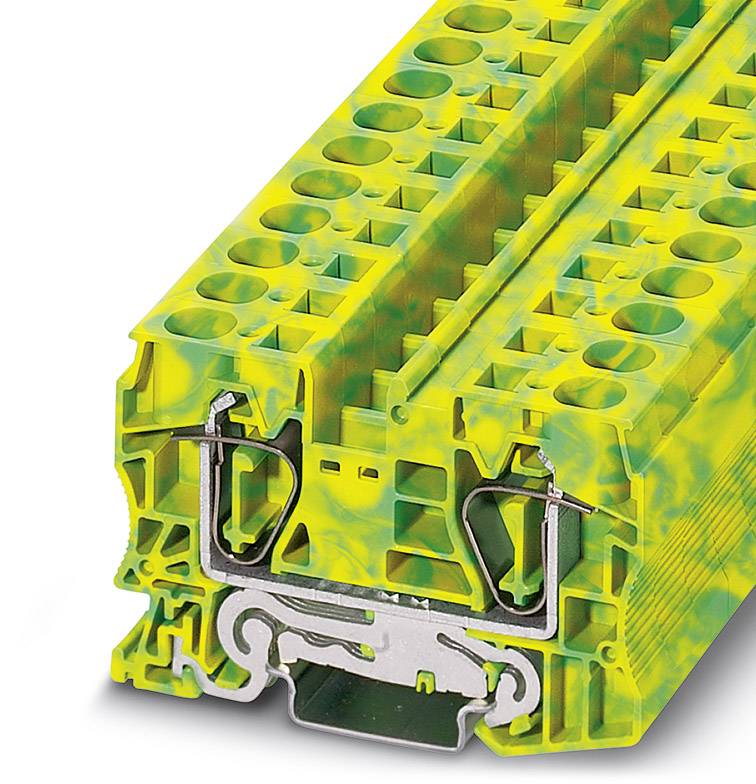 Detailný záber žlto-zeleného elektrického konektora s kovovými svorkami a viacerými možnosťami pripojenia.
