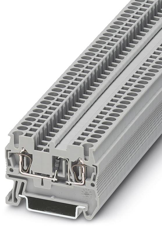 Sivá plastová svorka s medenými vodičmi, vhodná pre priemyselné elektronické prepojenia, zobrazuje detail montáže drôtov.
