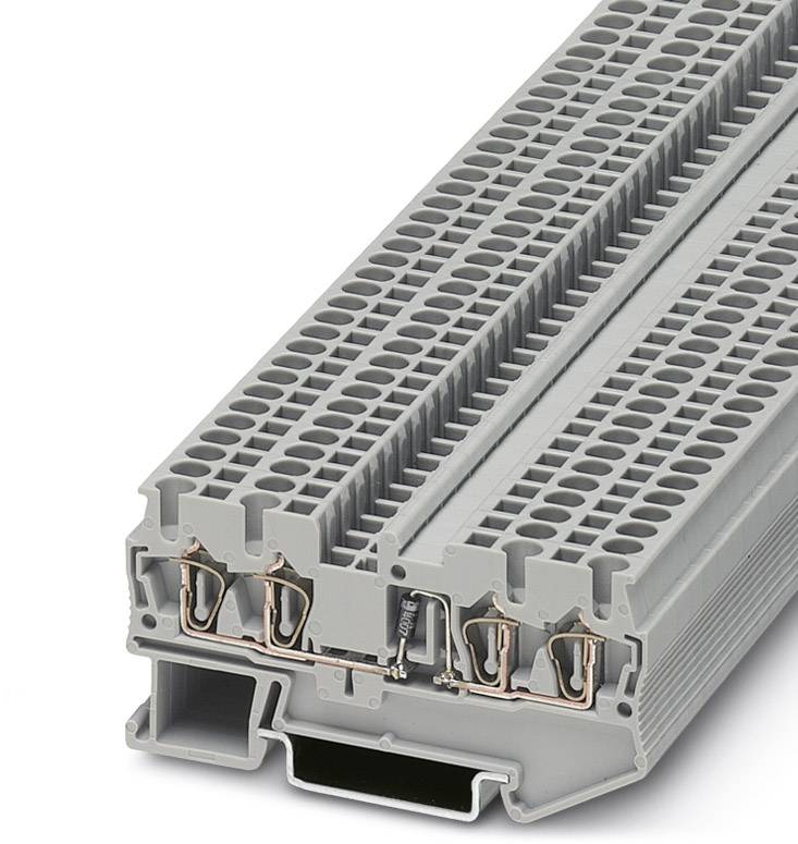 Sivá radová svorkovnica s viacerými poschodiami a medenými pripojeniami, používaná na elektrické prepojenie a vedenie.