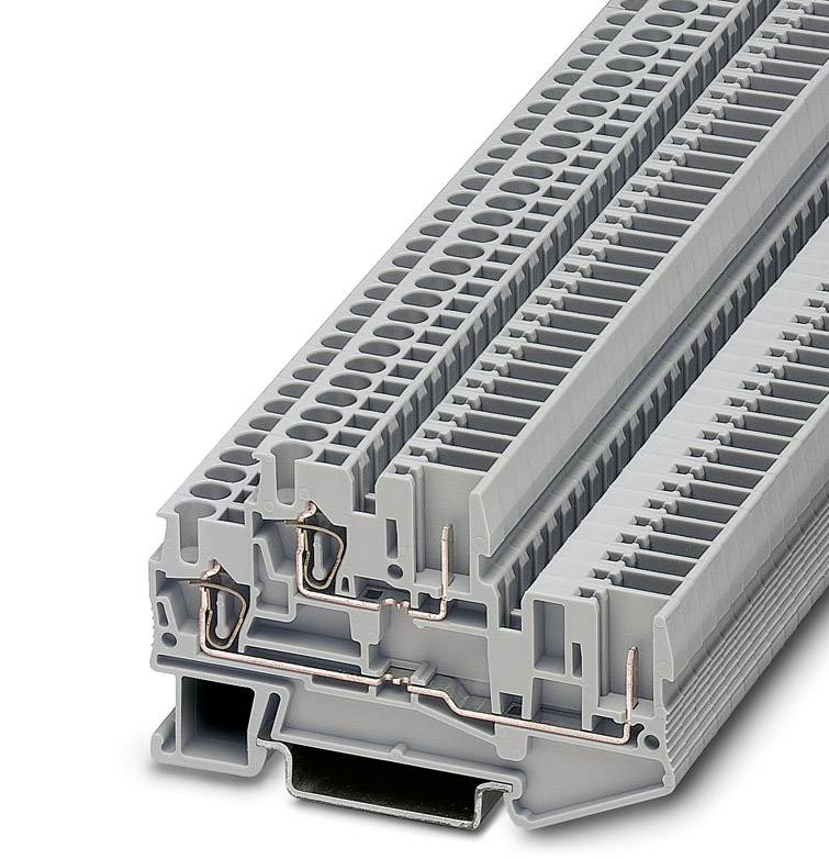 Sivá viacposchodová radová svorka s medenými prepojeniami, vhodná pre elektrické aplikácie, znázorňuje komplexné elektrické zapojenie.