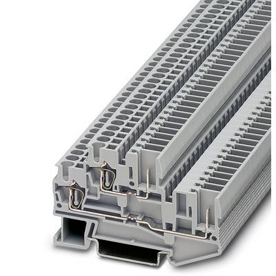 Sivá viacposchodová radová svorka s medenými prepojeniami, vhodná pre elektrické aplikácie, znázorňuje komplexné elektrické zapojenie.