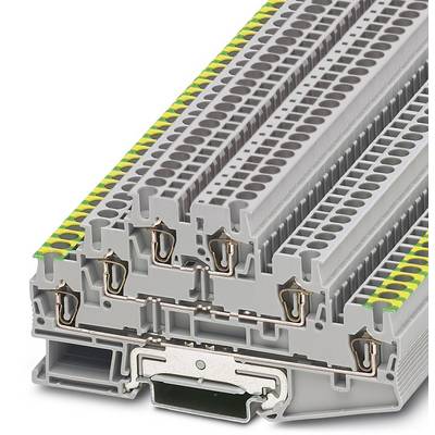 Viacúrovňová svorka z plastu so žlto-zeleným označením, ktorá sa používa v elektrotechnike na spájanie káblov.