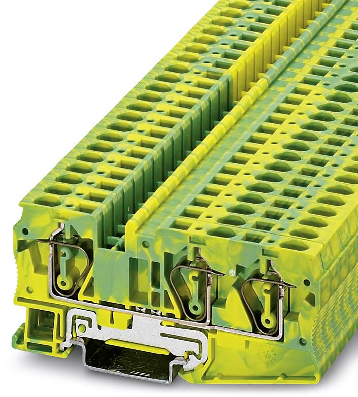 Žlto-zelená radová svorka s viacerými pripojeniami, vhodná na bezpečné prepojenie elektrických vodičov v rozvádzačoch.